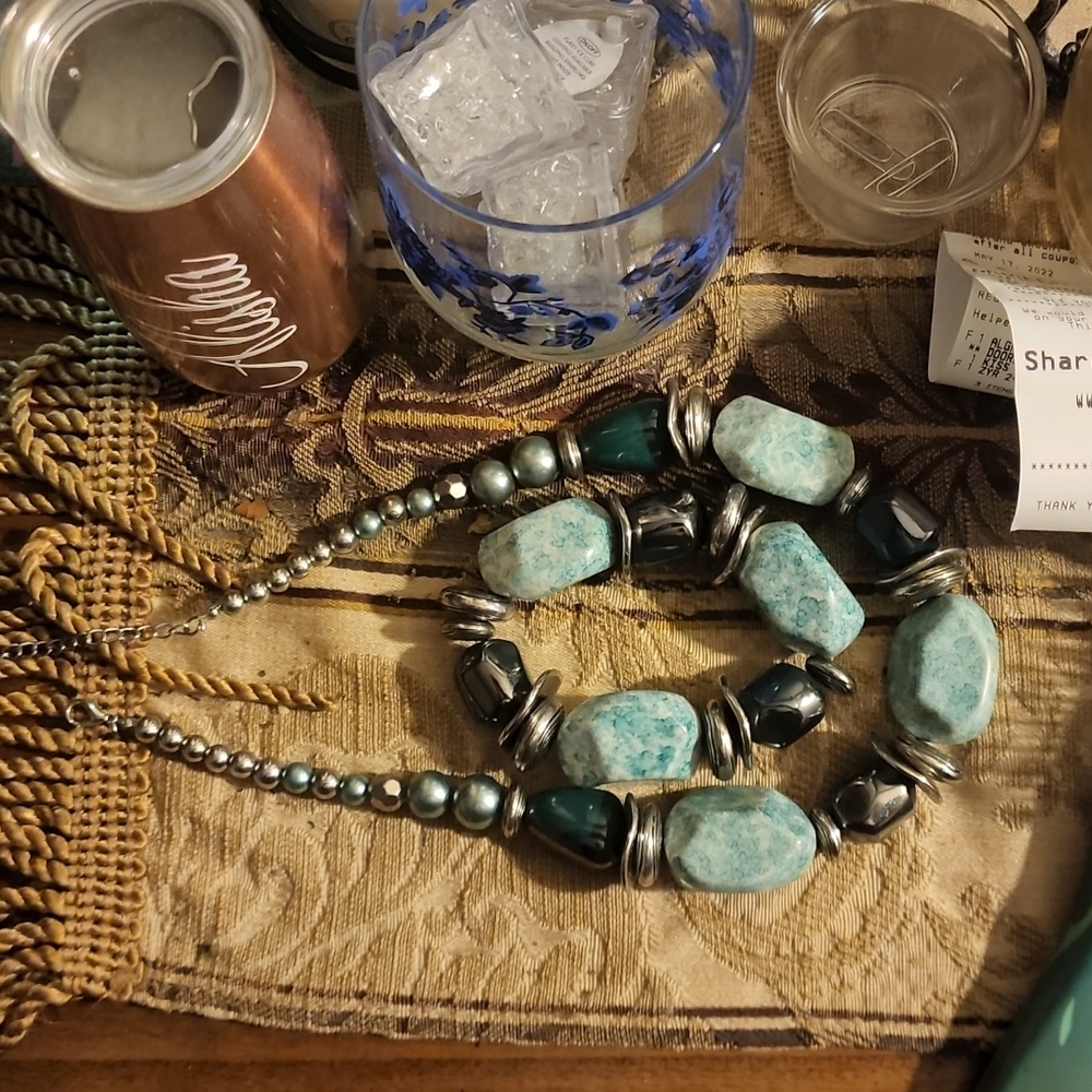 2 piece necklace and bracelet teal/marble